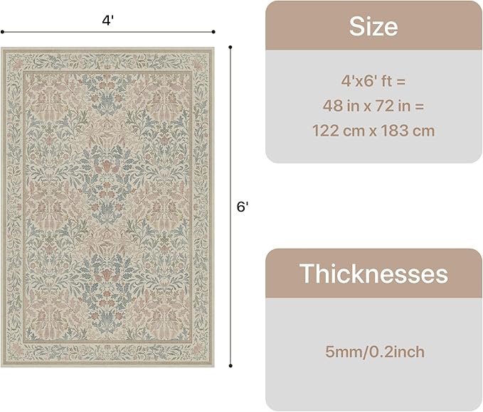GENIMO Washable 4x6 Area Rug, Vintage Boho Floral Carpet, Soft Low-Pile Non-Slip Thin Rug for Living Room, Bedroom, Dining Room, Nursery, Beige Pink