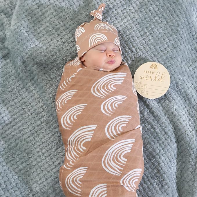 BabyWhale Muslin Swaddle Blanket with Hat and Headband Bow, Boho Rainbow Pattern Swaddle Set for Baby Boys & Girls, Unisex Silky Soft Breathable Receiving Wrap, 47x47 inches, Brown