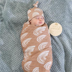 BabyWhale Muslin Swaddle Blanket with Hat and Headband Bow, Boho Rainbow Pattern Swaddle Set for Baby Boys & Girls, Unisex Silky Soft Breathable Receiving Wrap, 47x47 inches, Brown
