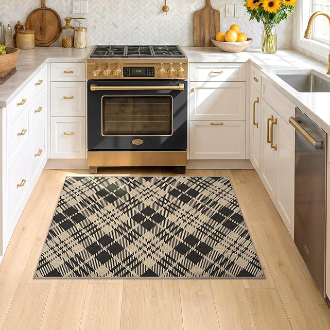JTJ Vintage Indoor Entrance 4x3 Rug - Easy Jute Woven Door Mat for Indoor Area, 3x4 Large Kitchen Rug, Washable Low Pile Black and White Geometric Aesthetic Natural Color Decor
