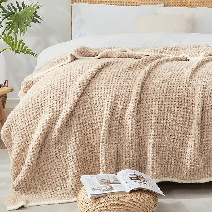 Snuggle Sac Waffle Throw Blanket for Couch Bed Sofa 50x60 inches, Reversible Beige Blanket Microfiber Fluffy Fuzzy Cozy Knit Soft Throws for Women Mothers Birthday Gifts