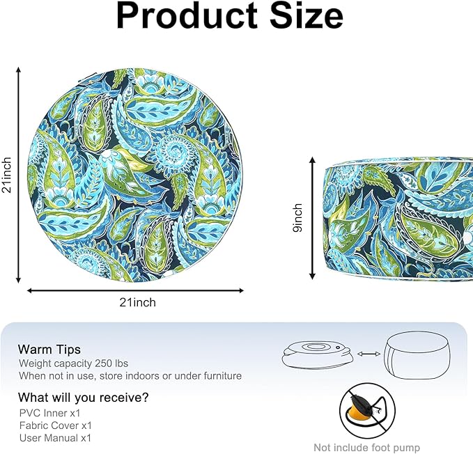 Inflatable Ottoman Stool D21 xH9 for Outdoor/Indoor Use, Water Repellent Patio Foot Rest with Portable Handle,Round Pouf Ottoman Suitable for Garden,Deck and Camping - Paisley Lapis Green
