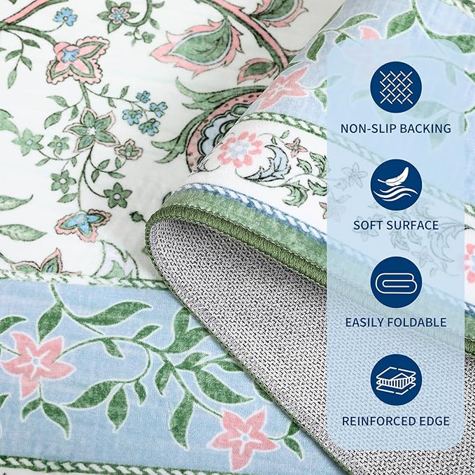 GarveeHome Blue Green Pink Washable 5x7 Area Rugs, Botanical Grove Vintage Cottage core Non-Slip Rug for Bedroom Living Room Nursery Kitchen Low-Pile Retro Carpet