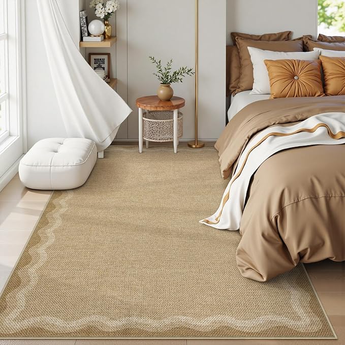 LIVEBOX Scalloped Washable Outdoor 5x7 Rug, Easy Jute Tan Rug for Living Room, Indoor Geometric Rug for Bedroom, Farmhouse Rugs Dining Room Mat Modern Carpet Area Rug for Patio Home Office Decor