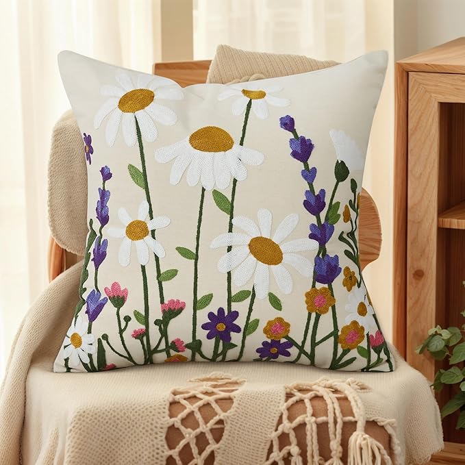 Floral Embroidered Decorative Throw Pillow Covers 18x 18 Inch Set of 1, Boho Spring Farmhouse White Daisy Flowers Patterned Canvas Cushion case for Couch Sofa Bed Living Room Home Decor