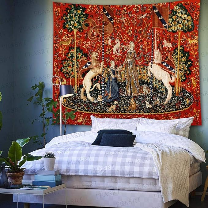 FEASRT Medieval Princess Tapestry Maiden and Unicorn - European Royal Tapestry, 60x51 Inches Soft Flannelette, for Living Room Royal Historical Decor
