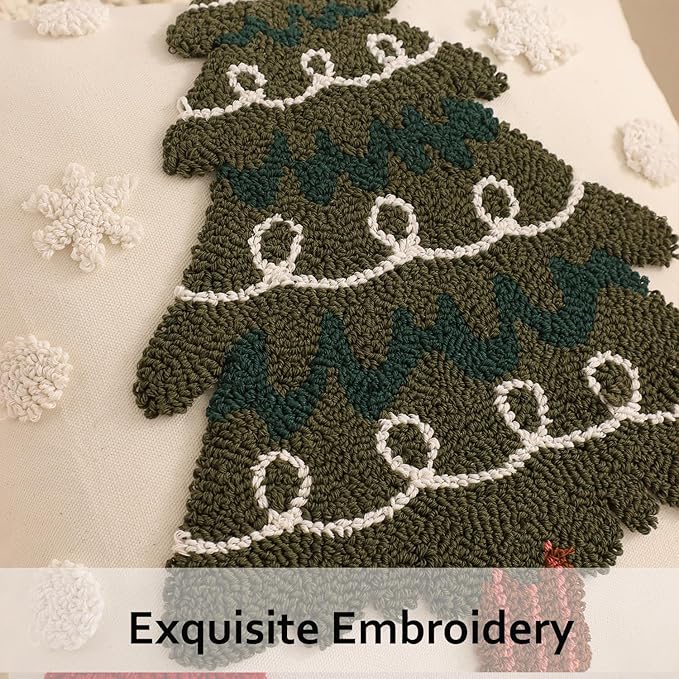 Tosleo Christmas Tufted Pillow Covers 18 x 18 inch Set of 2 Green Xmas Tree with Snowflake Throw Pillow Cover Party Decor Winter Holiday Embroidery Cushion Case for Sofa Couch Bed Living Room
