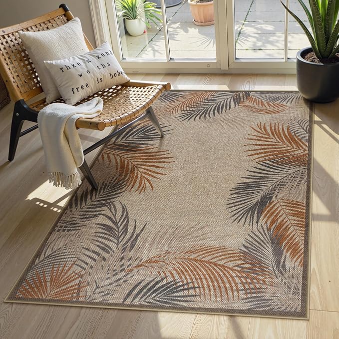 LIVEBOX Modern 3x5 Jute Outdoor Patio Rug, Washable Rugs for Entryway Porch, Tropical Leaf Boho Farmhouse Carpet, Non Slip Front Door Mat for Outdoor Indoor Entryway Decor (Beige 3'x5')
