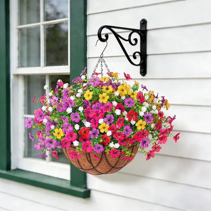 Artificial Silk Flowers Hanging Baskets Outdoors Indoors, Daisy with Eucalyptus Leaves Arrangement for Garden Yard Spring Summer Decor Faux Green Plant Metal Coconut Lining