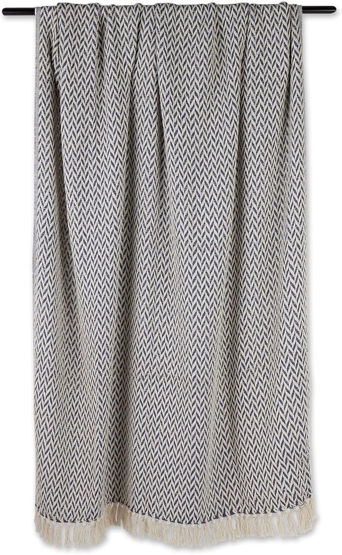 DII Modern Zig Zag Throw Blanket Woven Cotton, Hand-Knotted 2.5" Fringe, 50x60, Nautical Blue