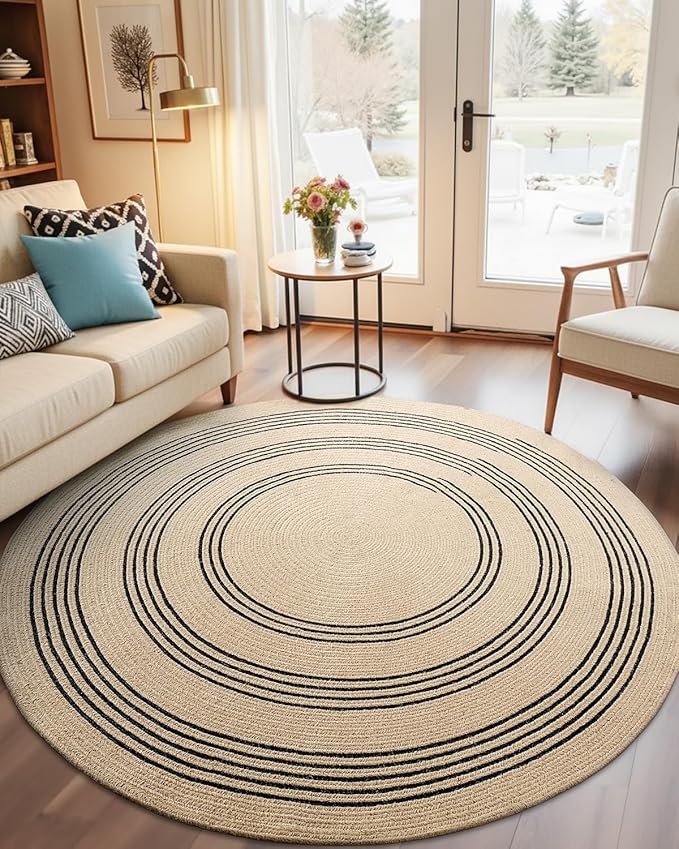 DEXI Round Jute Rug Natural Fiber 6x6, Braided Woven Area Rugs No Shed, Large Soft Neutral Rustic Carpet Mat for Indoor Outdoor Patio Dining Living Room Bedroom Farmhouse, 6ft, Beige/Black