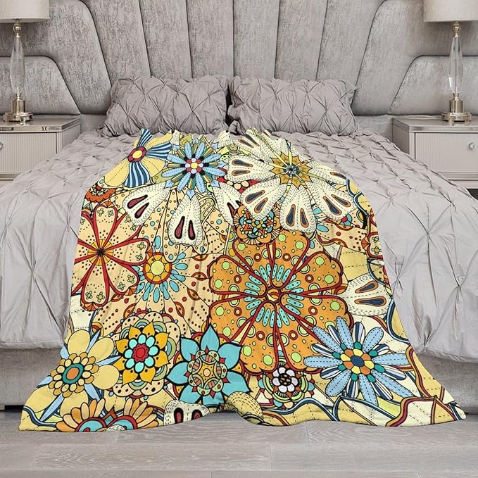 Boho Floral Throw Blanket Vintage Colorful Flowers Bohemian Print Mandala Blanket for Sofa Bed Couch Chair Or Dorm 60"x80"