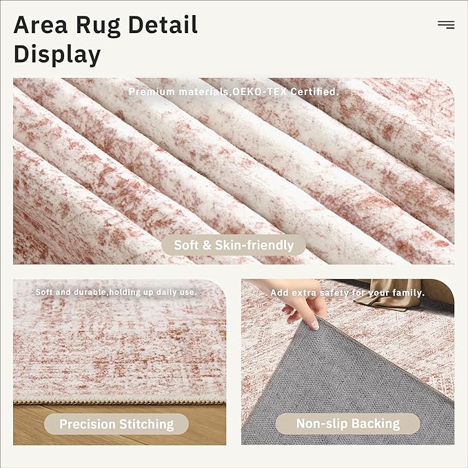 9x12 Area Rugs for Living Room, Non Slip Machine Washable Vintage Rugs, Low Pile Lightweight Large Rug for Bedroom, Dining Room, Home Office Pink