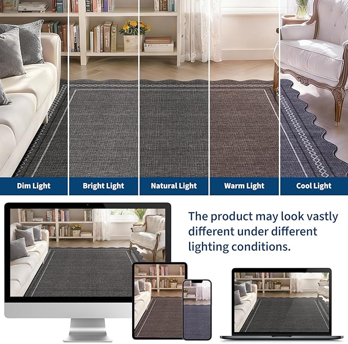 GarveeHome Scalloped Washable 5x7 Area Rugs for Living Room Non Slip Black Rug for Bedroom Soft Non Shedding Throw Rugs Low Pile Stain Resistant Carpet for Playroom Nursery Dining Room, Black