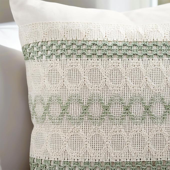 Set of 2 Sage Green Boho Throw Pillow Covers 18x18 Inch Decorative Cushion Covers for Couch Bed Sofa Chair Cotton Macrame Décor Decorations (Type B)