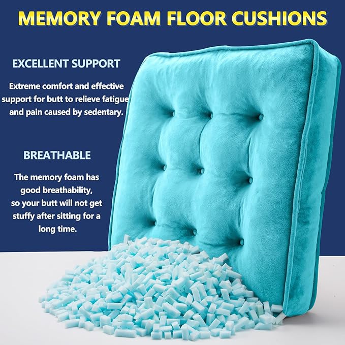 Floor Pillow Set of 2, Memory Foam Meditation Cushion, Floor Cushions for Adults Sitting, Large Square Seat Cushions for Yoga, Couch, Sofa, Kids, Living Room, 20x20 Inch (Blue)