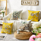 AVOIN colorlife Bless Our Home Farmhouse Eucalyptus Leaves Throw Pillow Covers, 20 x 20 Inch Yellow Truck Home Sweet Cushion Case Decorations Set of 4