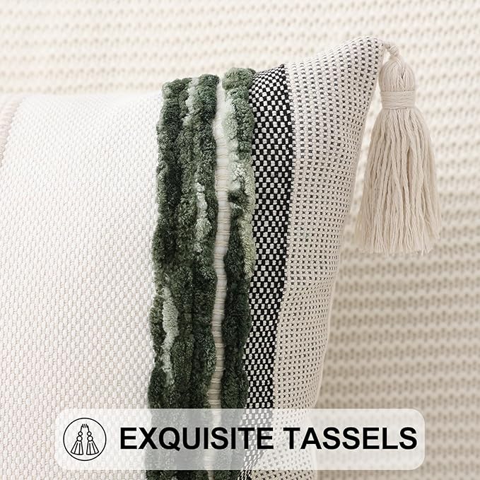 Simmore Boho Decorative Throw Pillow Covers 18x18 Set of 2, Tufted Farmhouse Pillow Covers with Tassels for Cozy Bohemian Couch Sofa Bedroom Home Decor, Green