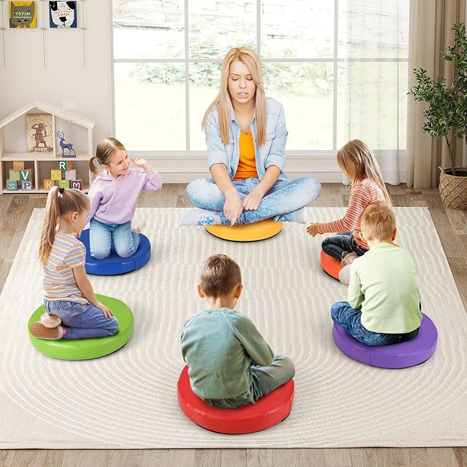 HONEY JOY 6PCS Floor Cushions for Kids, 14" Length Flexible Alternative Portable Classroom Seating with Handles, Easy to Clean, Thick Soft Foam Comfy Round Seats for Daycare Preschool (Colorful)
