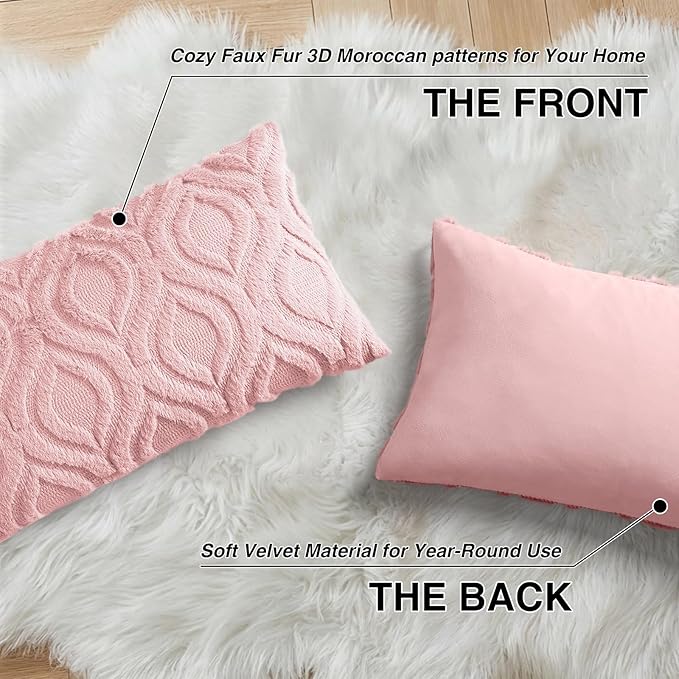decorUhome Cozy Textured Throw Pillow Covers 12x20 Inch Set of 2, Soft Plush Faux Wool Pink Accent Couch Pillow Covers for Modern Farmhouse Sofa Bed Living Room