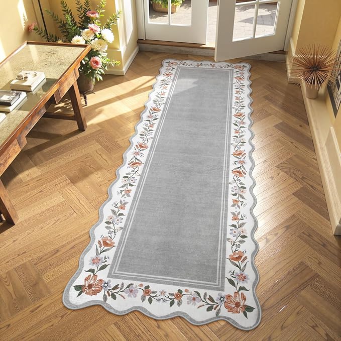 Lahome Runners for Hallways Non Slip Washable Runner Rug,Scalloped Kitchen Runners Rug with Non Slip Backing,Low Pile Soft Boho Floral Runner for Hallway, Entryway, Laundry, Bedroom Ariele