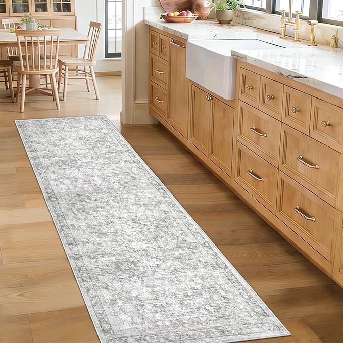 2x8 Hallway Runner Rug: Washable Vintage Floral Entryway Rugs Low Pile Non-Slip Boho Carpet for Kitchen, Bedroom, Bathroom, Dining Room (Grey, 2'x8')