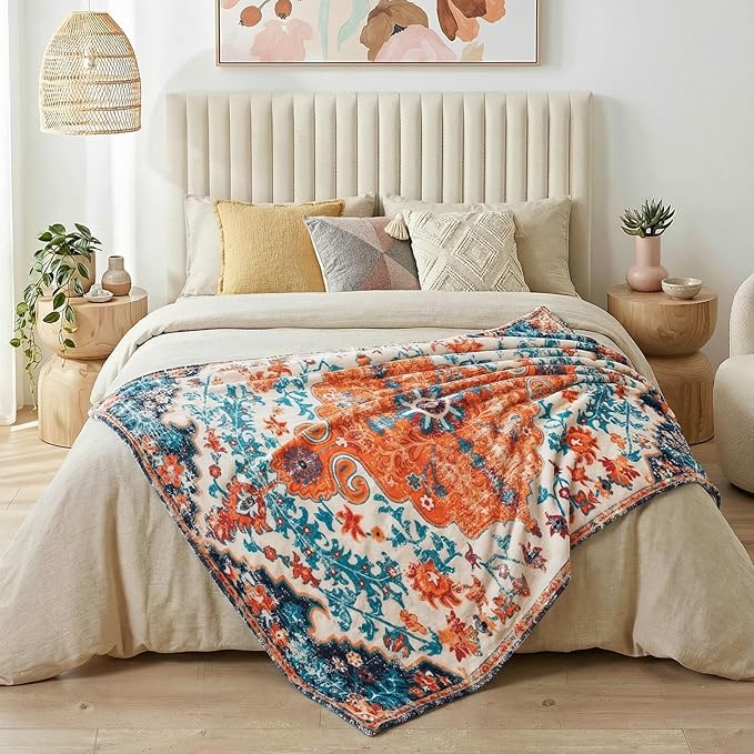 Lahome Rerto Fleece Blanket for Women Boho Bedroom Decor, Small Throw Blanket for Couch Bed Chair Cover, Decorative Fleece Blanket Throws Mom Gift Vintage Home Decor, Bohemian Orange Mutli 50x60