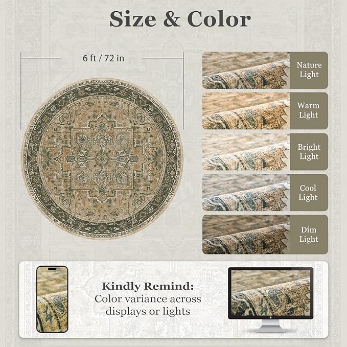 Vintage Round Rugs 6ft, Low Pile Thin Circle Area Rugs Washable Non Slip, Traditional Medallion Printed Circle Carpet for Bedroom Living Room Kitchen Dining Room, Multi Brown/Green