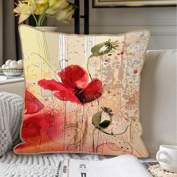 KSLIDS Red Poppy Flower Soft Velvet Throw Pillow Covers Set of 2 Watercolor Art Flower Decorative Pillow Covers 16x16 Inch Retro Beige Pillow Case for Sofa Couch Living Room Farmhouse Home Decor