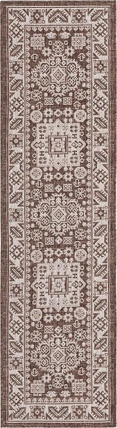 Rugs.com Outdoor Aztec Collection Rug – 8 Ft Runner Brown Flatweave Rug Perfect for Hallways, Entryways
