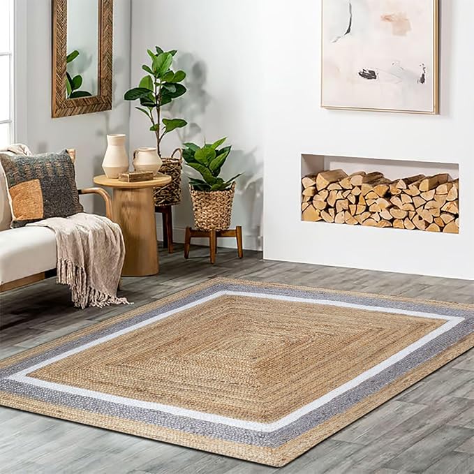 Heavy Material Hand Braided Jute 4x7 Natural Jute Beige Multi Geometric Design Hand Woven Rug Flatweave Area Carpet Indoor Outdoor Rugs for Kitchen Garden Yoga Mat