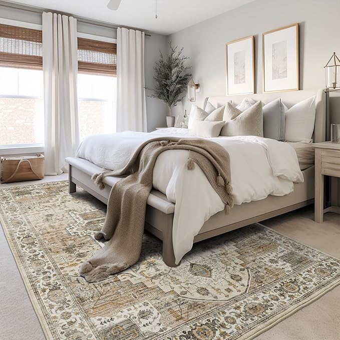 6x9 Rug, Stain Resistant Washable Area Rugs with Anti-Slip Backing, Vintage Large Bedroom, Living Room Rugs, Foldable Soft Rug (Beige/Brown, 6'x9')