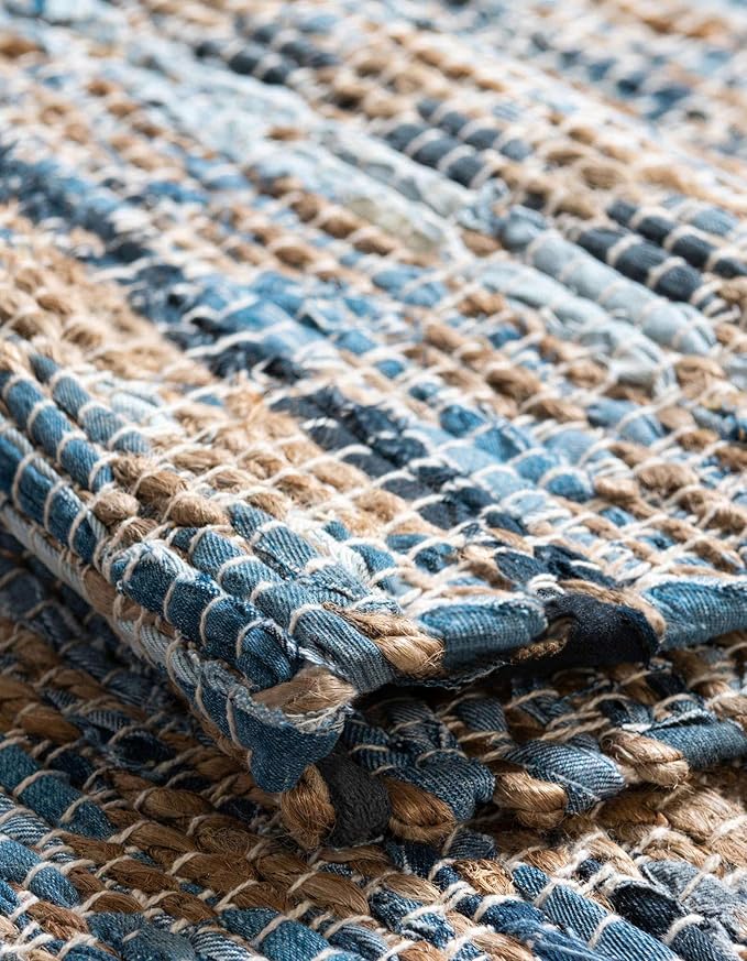 Unique Loom Chindi Jute Collection Area Rug (1' 2" x 8' Table Runner, Navy Blue/ Natural)