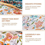 Boho Throw Blanket - 50"x60" 100% Cotton Ultra Soft Lightweight Blanket, 4-Layer Breathable Muslin Spring Blankets for Bed Couch, Reversible Green Floral Printed Bohemian Cotton Quilt