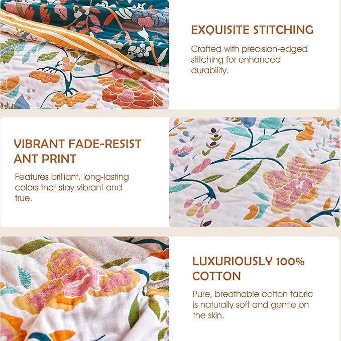 Boho Throw Blanket - 90"x90" 100% Cotton Ultra Soft Lightweight Blanket, 4-Layer Breathable Muslin Spring Blankets for Bed Couch, Reversible Green Floral Printed Bohemian Cotton Quilt