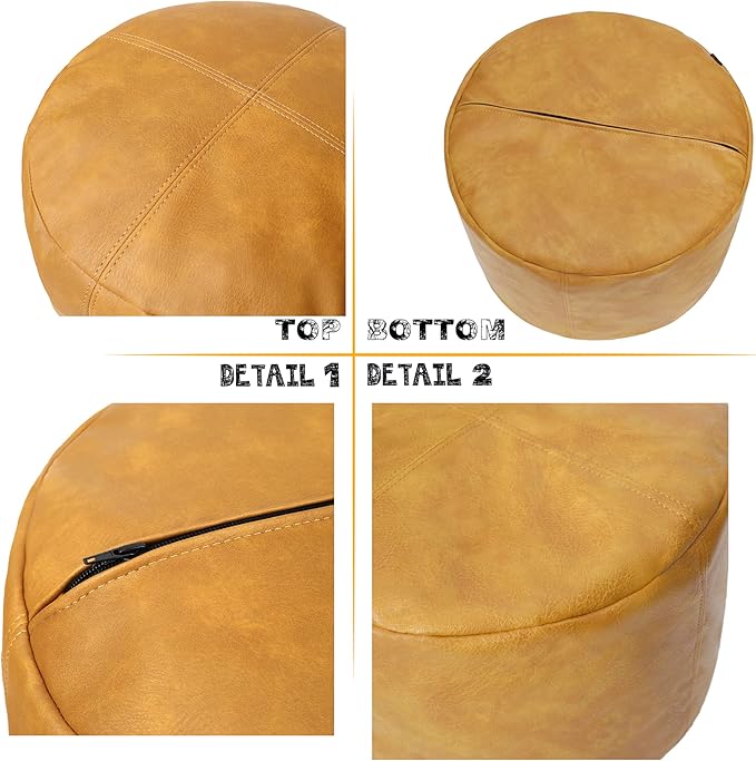 Thgonwid Unstuffed Faux Leather Pouf Cover, Handmade Footstool Ottoman Storage Solution, Floor Footrest Cushion - 16.5”Dx12”H, Yellow
