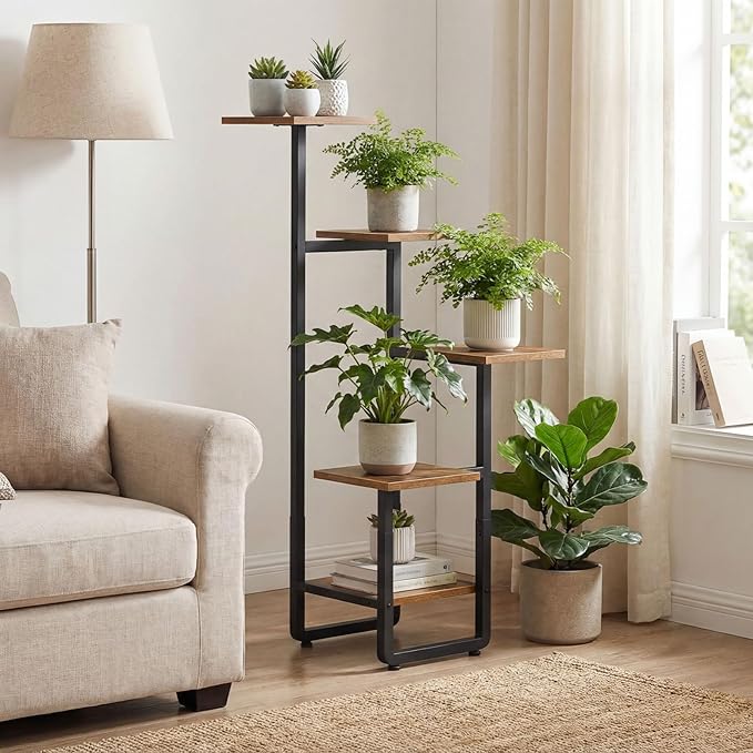 HOOBRO Plant Stand Indoor, 5 Tiered Corner Plant Shelf Flower Stand for Multiple Indoor Plants, Square Plant Flower Display Shelf for Living Room, Balcony, Patio, Rustic Brown and Black BF06HJ01