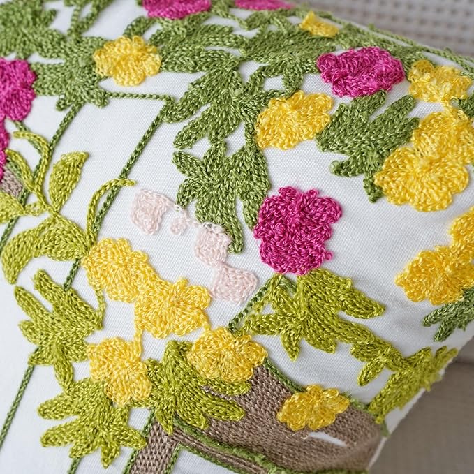 vctops Spring Embroidered Decorative Throw Pillow Cover Summer Floral Square Pillow Cases Garden Cotton Cushion Cover for Couch Sofa Bed (Flower C,18"x18")