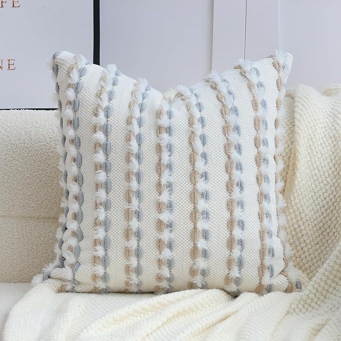 18x18 Boho Pillow Cover-Chenille Tufted Decorative Throw Pillow Cover Soft Velvet Backing, Farmhouse Square Accent Pillowcase for Sofa, Couch, Bedroom, Living Room, White-Grey, Brown Stripe