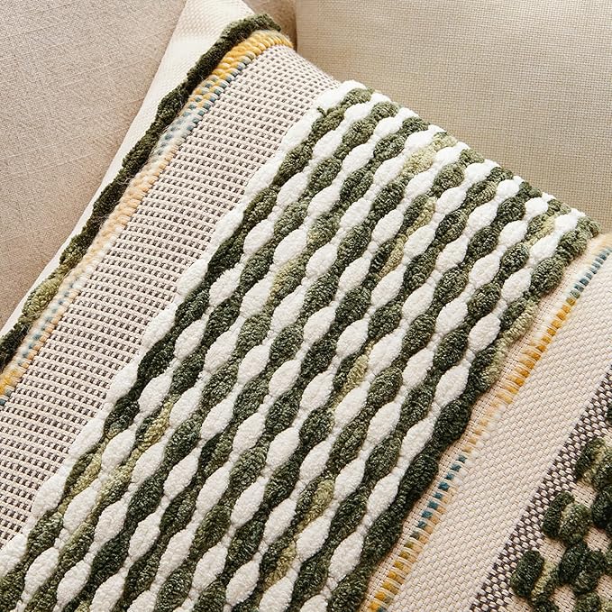 ANRODUO Pack of 1 Boho Decorative Throw Pillow Covers 18x18 Farmhouse Cushion Case Striped Chenille Pillow Cases Square Pillow Covers Accent Neutral Pillowcase for Sofa Couch Bed, Olive Green Stripe