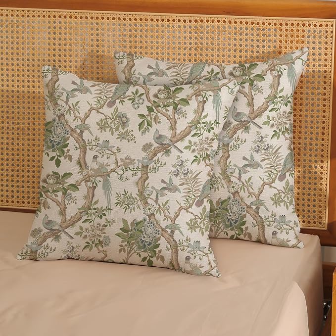 Green Floral Bird Pillow Covers 20x20 Set of 2 Chinoiserie Throw Pillows Green Vintage Flowers Bird Decorative Pillow Cases Outdoor Chinoiserie Decor Farmhouse Cushion Case for Couch Sofa