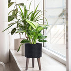 D'vine Dev 8 Inch Modern Geometric Tile Patterned Sleek Planter Pot with Stand, Indoor Outdoor Decorative Plant Holder, Matte Black, 88-Z-A-2
