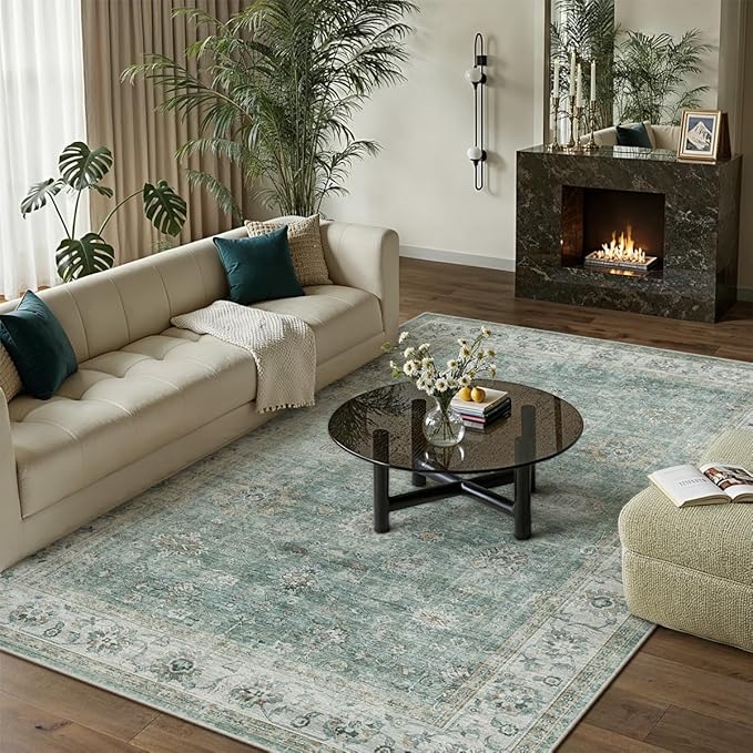 8x10 Washable Area Rug for Living Room Bedroom Teal Blue Vintage Large Distressed Rustic Low Pile Carpet Non-Slip Soft Throw Rug for Indoor Dining Room