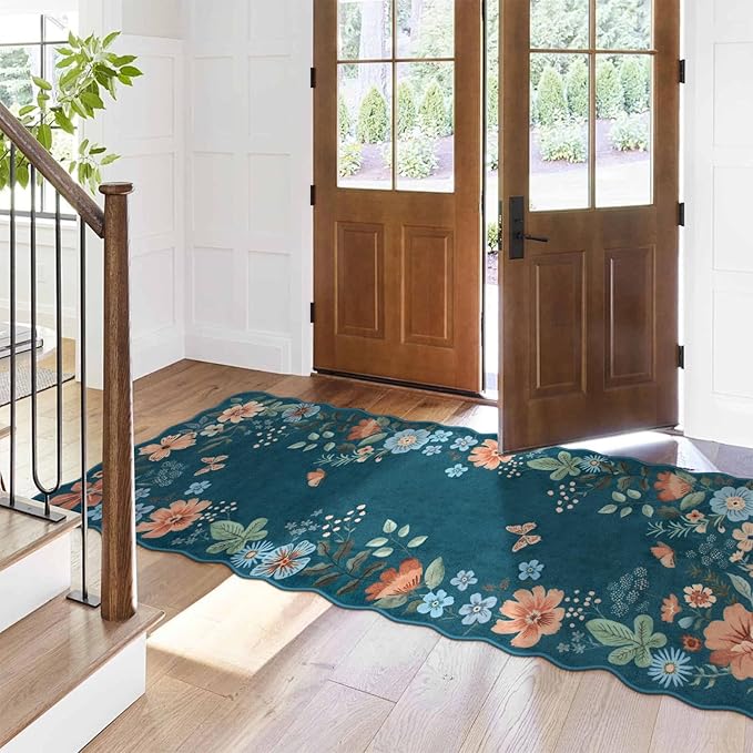 Lahome Floral Kitchen Runner Non-Slip, 2X6 Soft Washable Hallway Runner Rug, Ultra-Thin Stain Resistant Boho Laundry Room Rug Low-Pile Carpet for Bathroom Entryway Bedroom Flore, Navy Blue