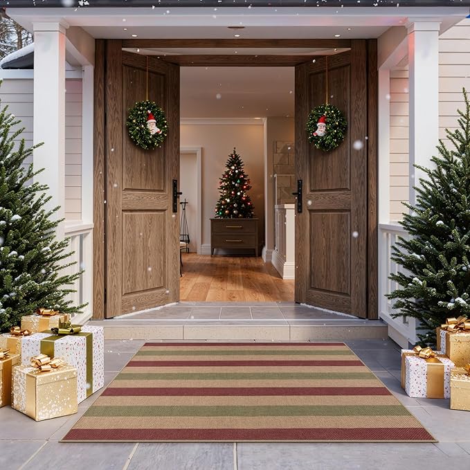 Lahome Christmas Outdoor Rug, 3x5 Christmas Decorations for Porch Entryway Front Door, Striped Plaid Decor Non Slip Non Shedding Red and Green Carpet for Foyer Patio