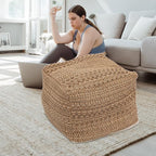 LIFKOME Footstool Square Pouf Ottoman Cotton Pouf Chair Handmade Woven Foot Stool Soft Knitted Cotton Linen Footrest Square Floor Cushion Tatami Seats Cushion for Living Room Ottoman Pouf