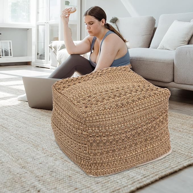 LIFKOME Footstool Square Pouf Ottoman Cotton Pouf Chair Handmade Woven Foot Stool Soft Knitted Cotton Linen Footrest Square Floor Cushion Tatami Seats Cushion for Living Room Ottoman Pouf