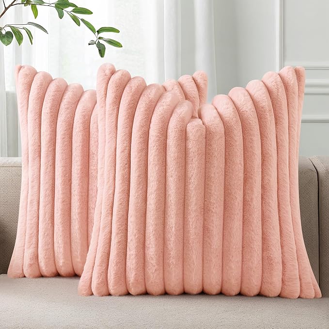 Pallene Faux Fur Plush Throw Pillow Covers 20x20 Set of 2, Luxury Soft Fluffy Striped Decorative Pillow Covers for Sofa, Couch, Living Room, Pink