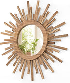 24 Inch Boho Sunburst Mirror, Round Wooden Wall Decor Starburst Sun Mirror for Bedroom, Living Room, Bathroom, Hallway, Balcony, Farmhouse Entryway, Housewarming Gift