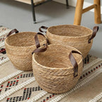 GIB Round Wicker Woven Seagrass Storage Baskets with Leather Handles Set of 3, Natural Decorative Braided Rope Wicker Baskets Bins for Shelves Blankets Organizing, 13", 12" & 11"